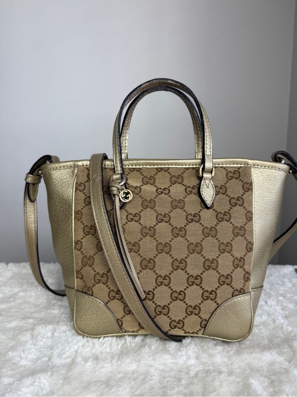 Gucci Metallic Gold GG Canvas Small Tote Bag